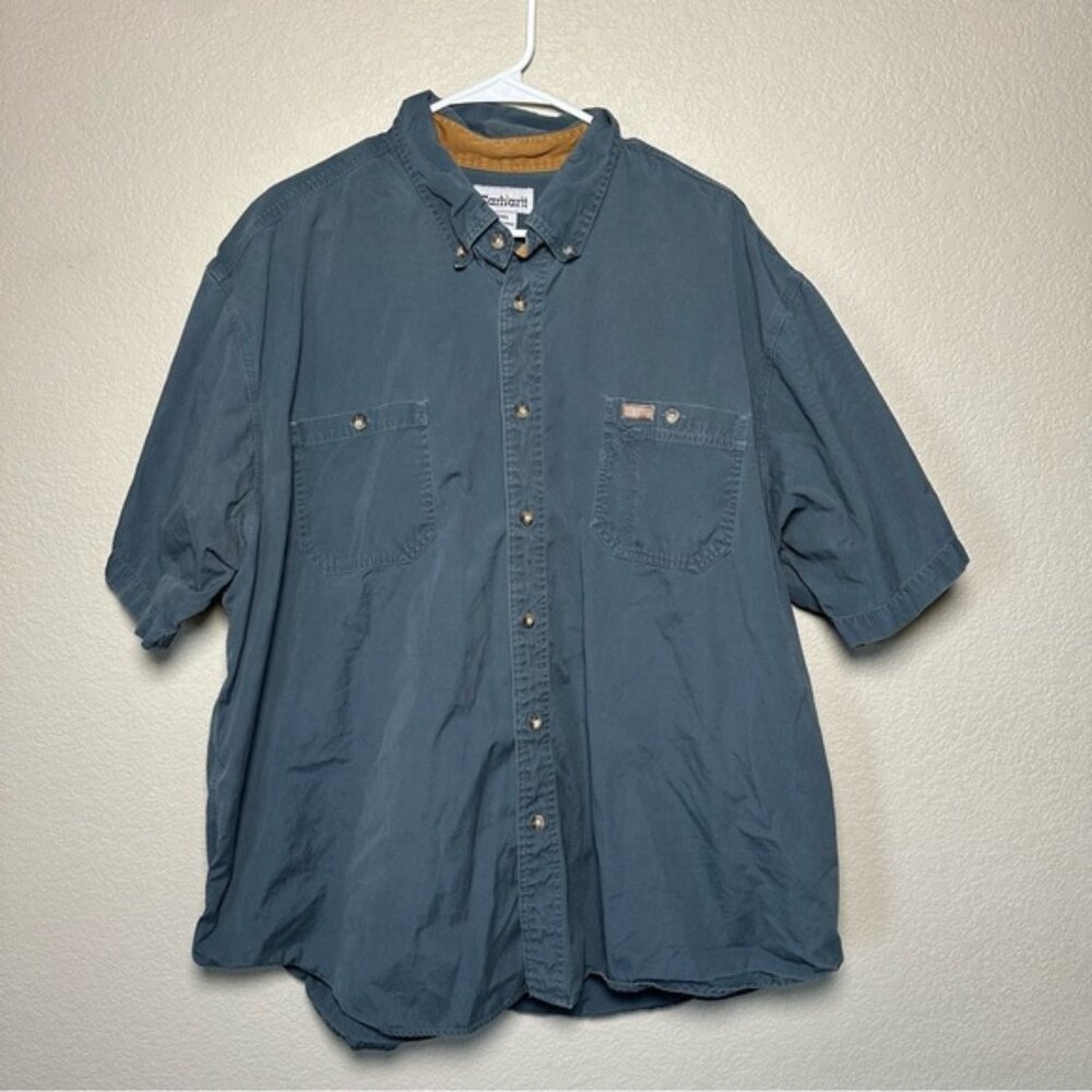 Vintage Carhartt Men’s Size 2XL Short Sleeve‎ Workwear Shirt Blue Button Down